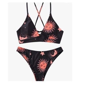 Sun, moon, and stars black bikini size med…